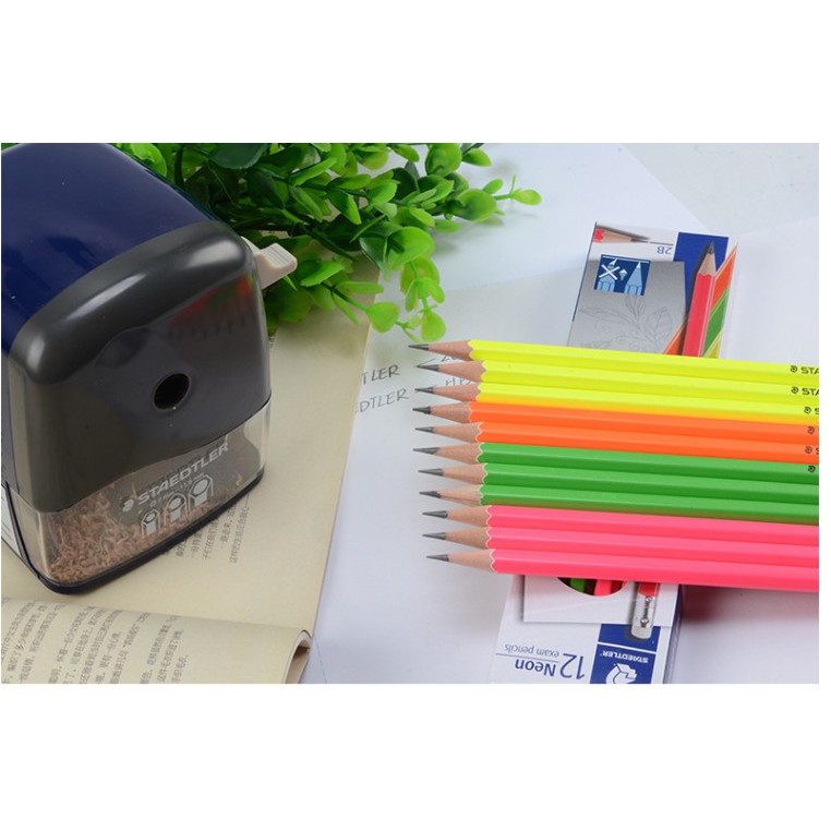 Hộp 12 chiếc bút chì Đức Staedtler 2B - Thân nhiều màu Neon có tẩy (Gồm 4 màu Vàng, Cam,Xanh,Hồng)