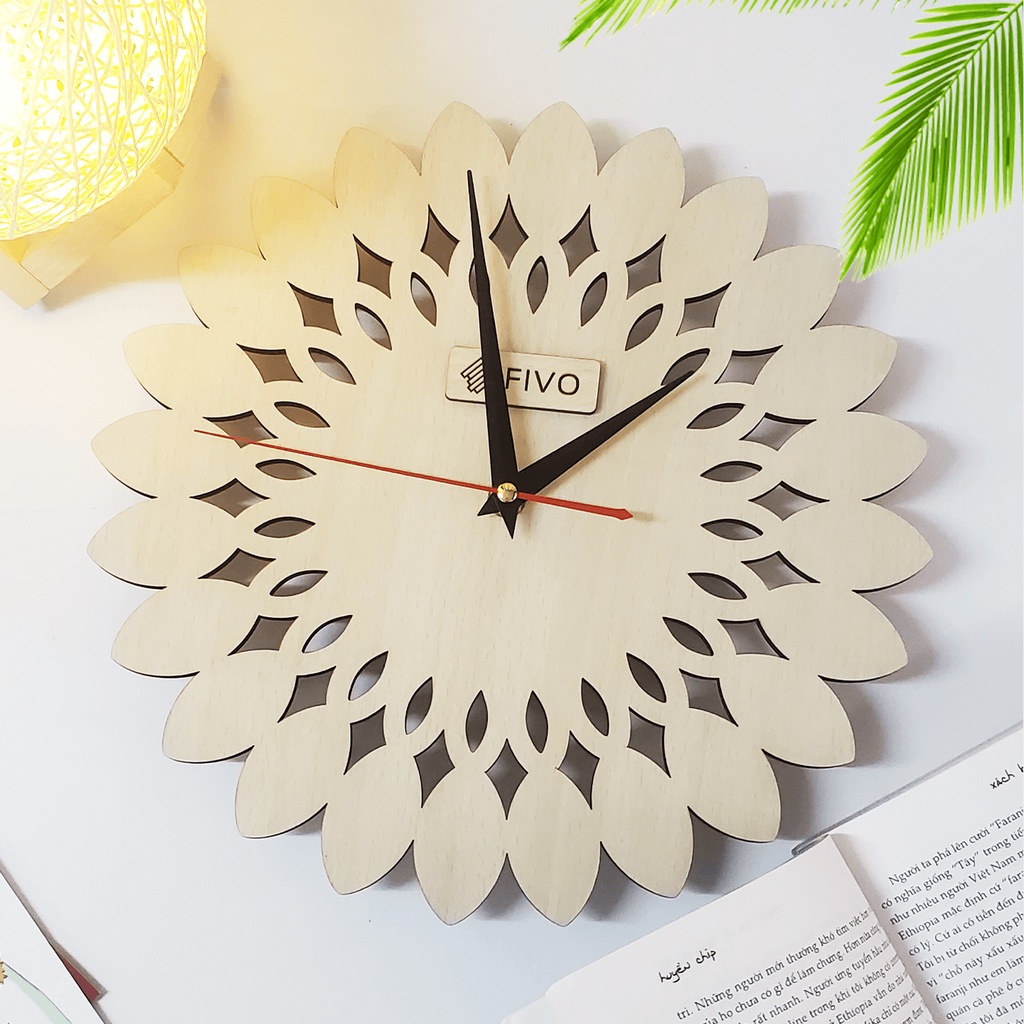 Đồng Hồ Treo Tường Gỗ Đẹp, Hiện Đại Thương Hiệu FIVO Mẫu FW08, Trang Trí Phòng Khách Hình Hoa Hướng Dương