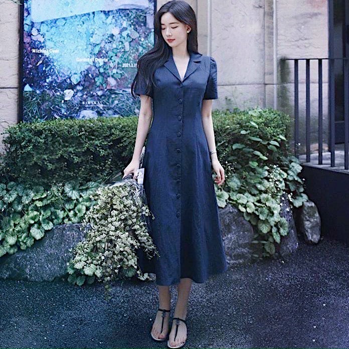 Đầm váy freesize sơ mi xanh đen