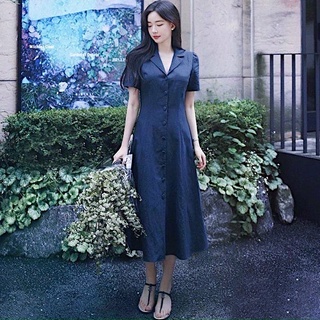 Đầm váy freesize sơ mi xanh đen