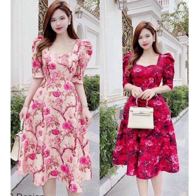 Đầm nữ cổ vuông tay ngắn ,nền hoa ,dáng xoè phù hợp cho nàng đi tiệc