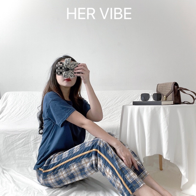 Bộ đồ pijama mặc nhà nữ thu hè tay ngắn quần dài xanh than siêu mềm thấm hút - Đồ ngủ nữ mặc nhà quần dài Her Vibe