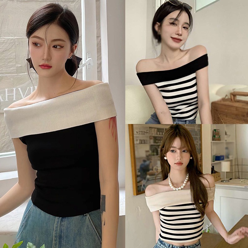Áo Croptop Dệt Kim Trễ Vai Tay Ngắn Hoạ Tiết Kẻ Sọc Cho Phái Nữ