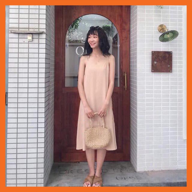 Váy đầm 2 dây nữ dáng dài đũi lụa Hàn cao cấp Madela, Đầm nữ hai dây dài qua gối - V2DD03