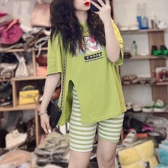 Đồ bộ nữ, set đồ bộ quần sọc ngố thun gân và áo thun cotton ngắn tay form rộng freesize xẻ tà in hình cute, đồ mặc nhà
