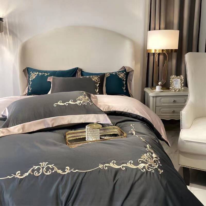 Trọn Bộ Chăn Ga Vỏ Gối Lụa Cotton Hoàng Gia - Họa Tiết Thêu Royal Bedding - Phối Màu