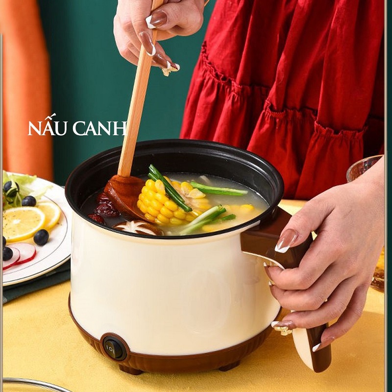 Nồi điện mini 2 tầng nấu lẩu chống dính cao cấp kèm khay hấp Inox có 2 nấc nhiệt 18cm(saban)