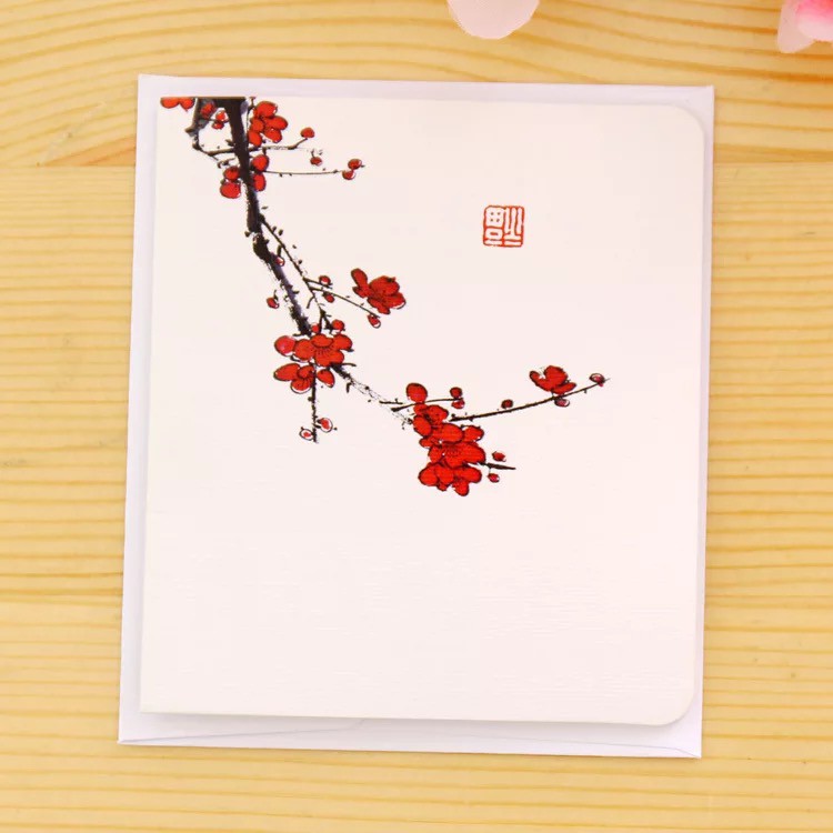 [Combo 3 cái] Thiệp mini (7.5x8.5 cm) phong cách thư pháp &amp; chúc mừng xinh xắn (kèm bao ngoài)