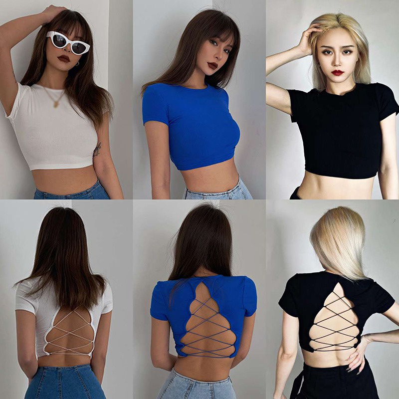 Áo Thun Croptop Tay Ngắn Dáng Ôm Hở Lưng Màu Sắc Đơn Giản Quyến Rũ Dành Cho Nữ