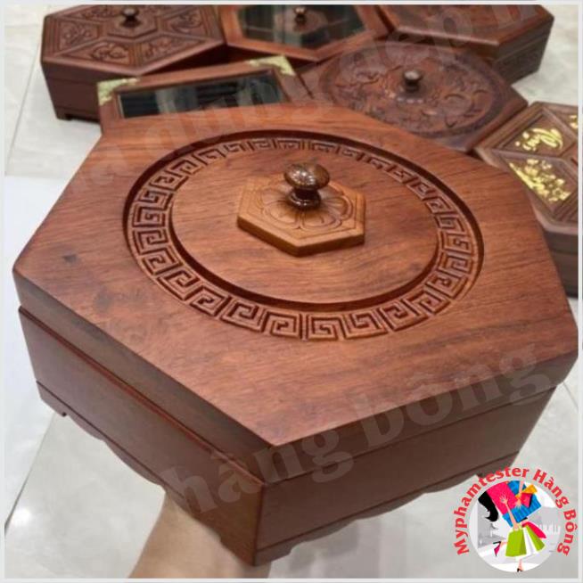 Khay gỗ đựng mứt Lục Giác ♥ FREE SHIP ♥ khay mứt 7 ngăn đựng bánh kẹo có chân hoa văn chạm khắc quanh nắp [ RẺ VÔ ĐỊCH ]