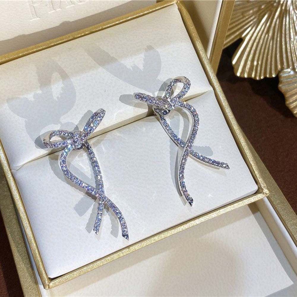 Bông tai hình nơ ruy băng đính đá zircon nhiều màu phong cách Hàn Quốc thời trang dành cho nữ