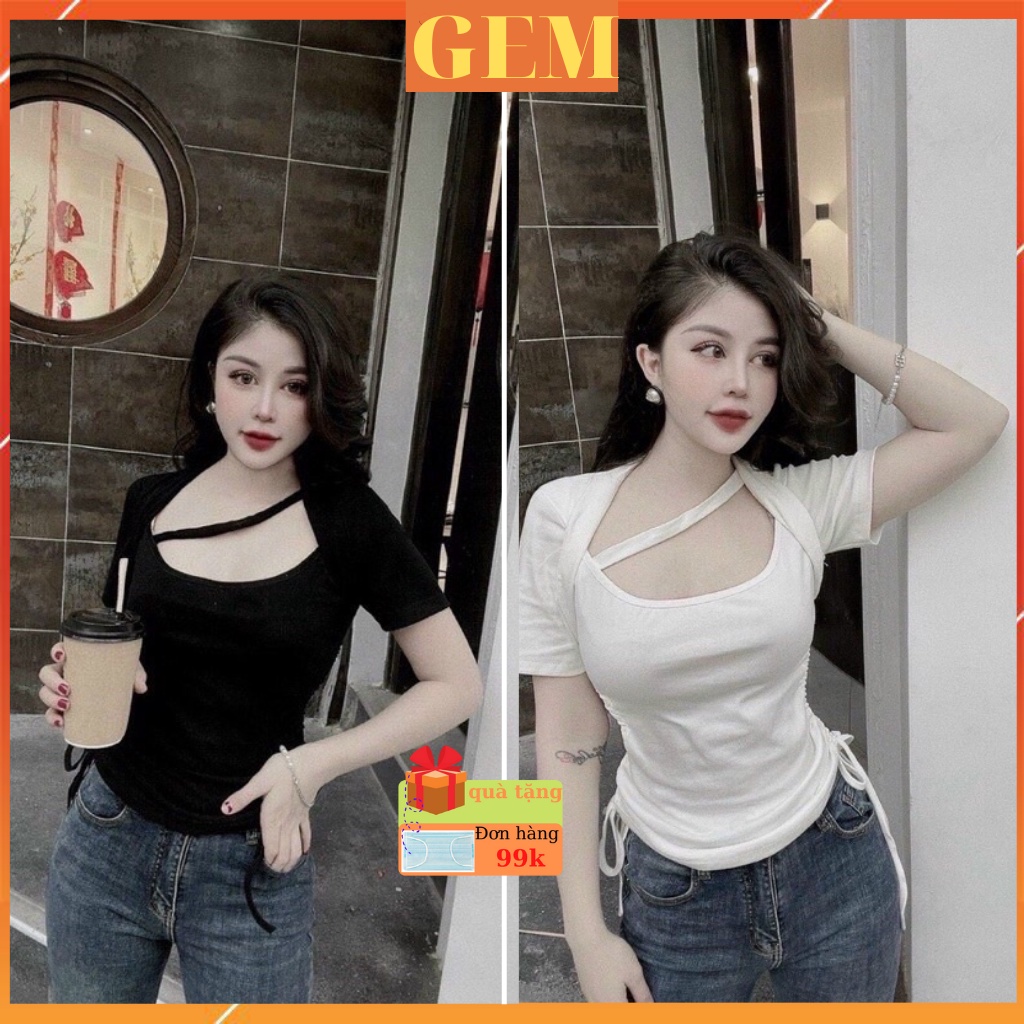Áo croptop tay ngắn kiểu dây chéo cổ dây rút hông , áo thun nữ thời trang