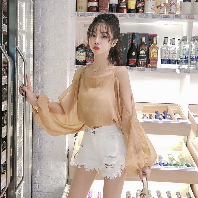 Áo kiểu IELGY chiffon mỏng tay dài thiết kế hở vai thời trang xinh xắn dành cho nữ