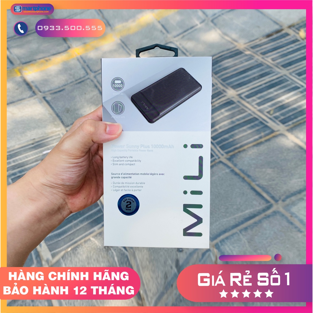 Sạc dự phòng 10000 mAh MiLi Power Sunny Plus 2 màu đen và trắng - Hàng Fullbox mới bảo hành 12 tháng lỗi 1 đổi 1