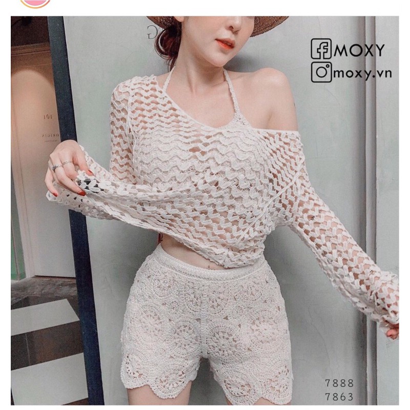 set biển - set 3 món - bra vạt chéo ngực + quần ren hoa tròn + áo tim chui đầu sexy (có tách rời)