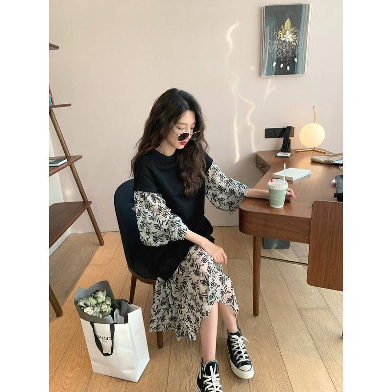 Đầm Thiết Kế Giả Hai Lớp Phối Ren Phong Cách Pháp Mới