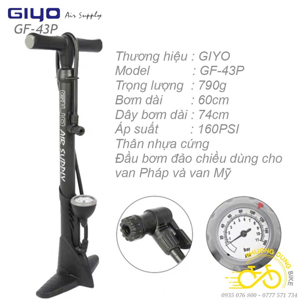 Bơm sàn xe đạp GIYO GF-43P (Nhựa) + Tặng đầu đổi van Pháp sang van Mỹ