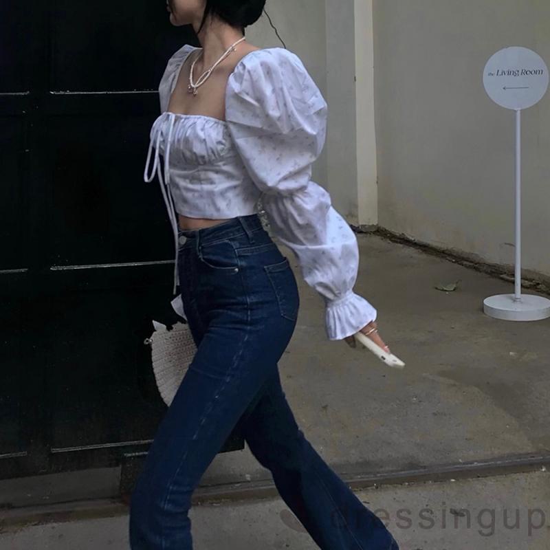 Áo croptop cổ vuông tay phồng cột dây trước in họa tiết hoa phong cách cổ điển thời trang cho nữ