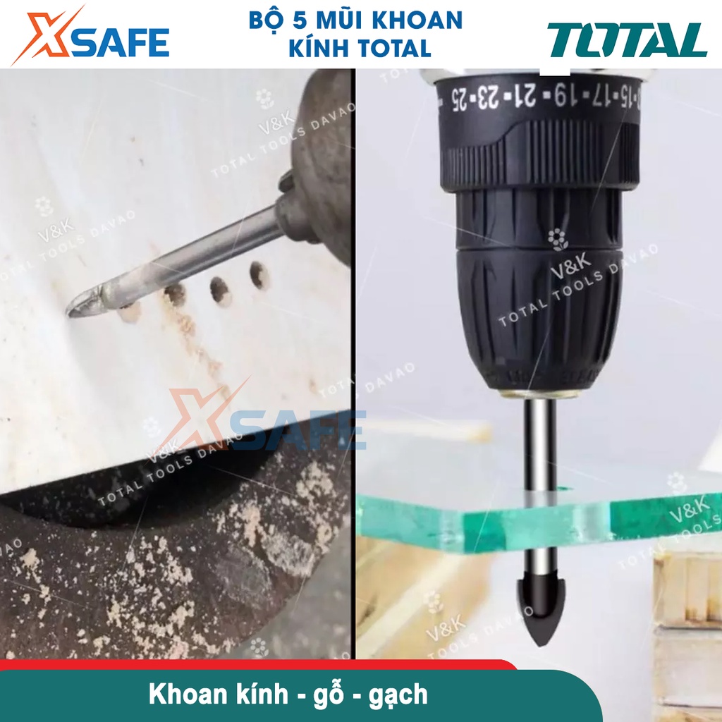 Bộ 5 mũi khoan kính đuôi trơn Total TACSD7256, Size 4-10mm mũi khoan đa năng khoan kính, gỗ, gạch men, kim loại [XSAFE]