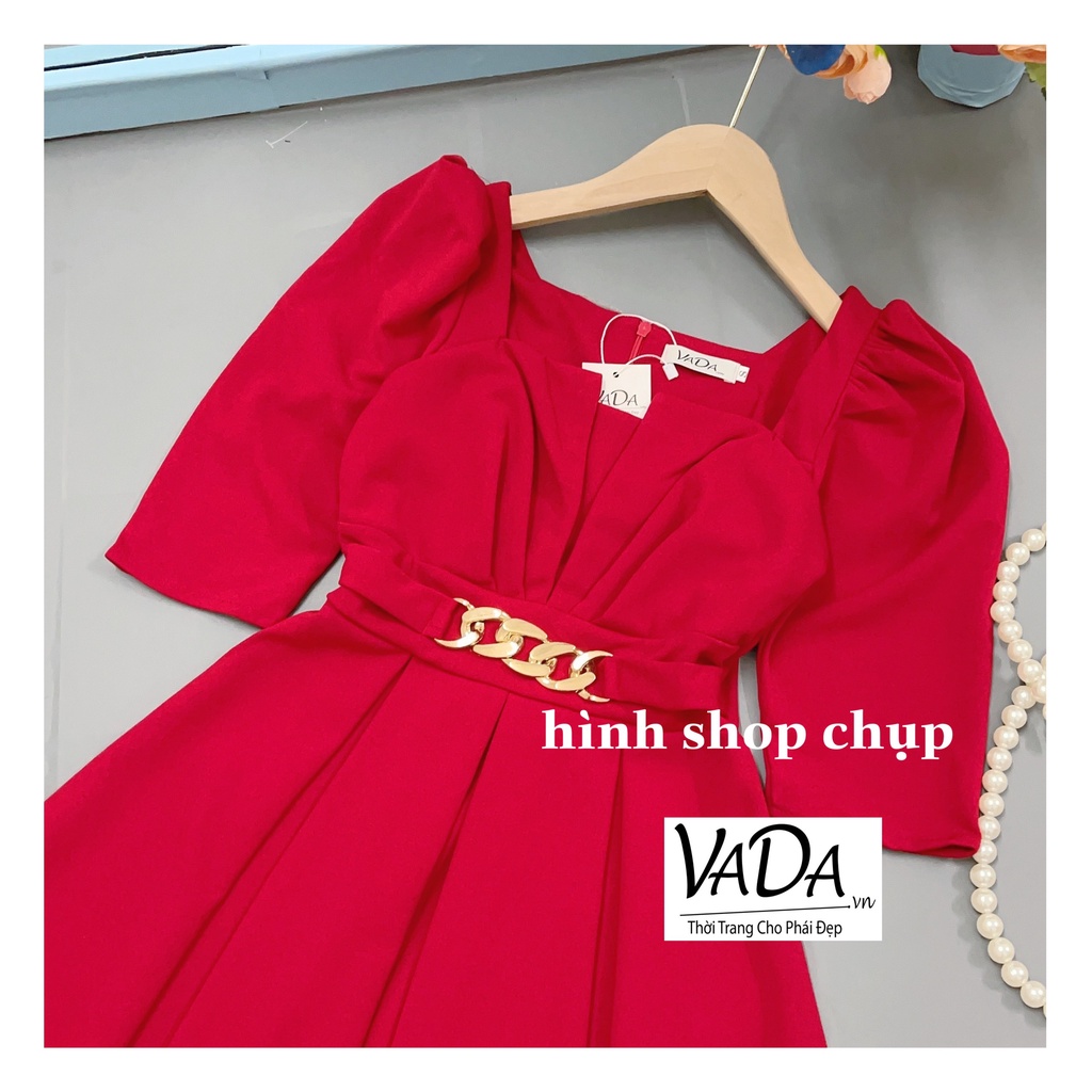 Đầm nữ dự tiệc màu đỏ thiết kế dáng xòe cổ vuông mới sang trọng- Thời Trang VADA (Đ2000)