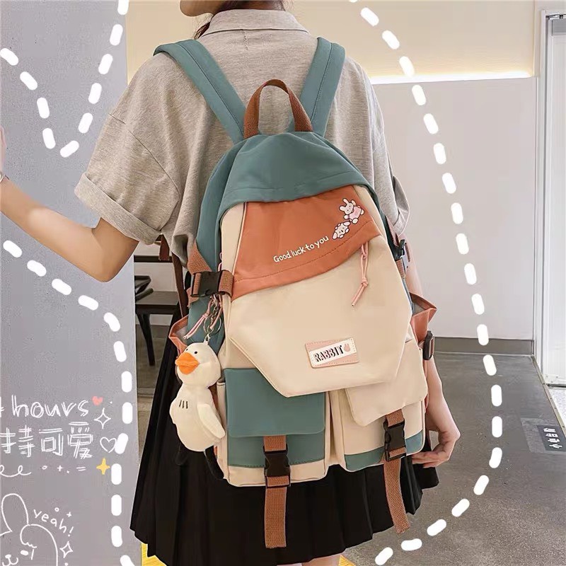 Balo Guofei 2 túi phối màu chất liệu vải chống thấm dày đẹp tặng móc khóa vịt bông
