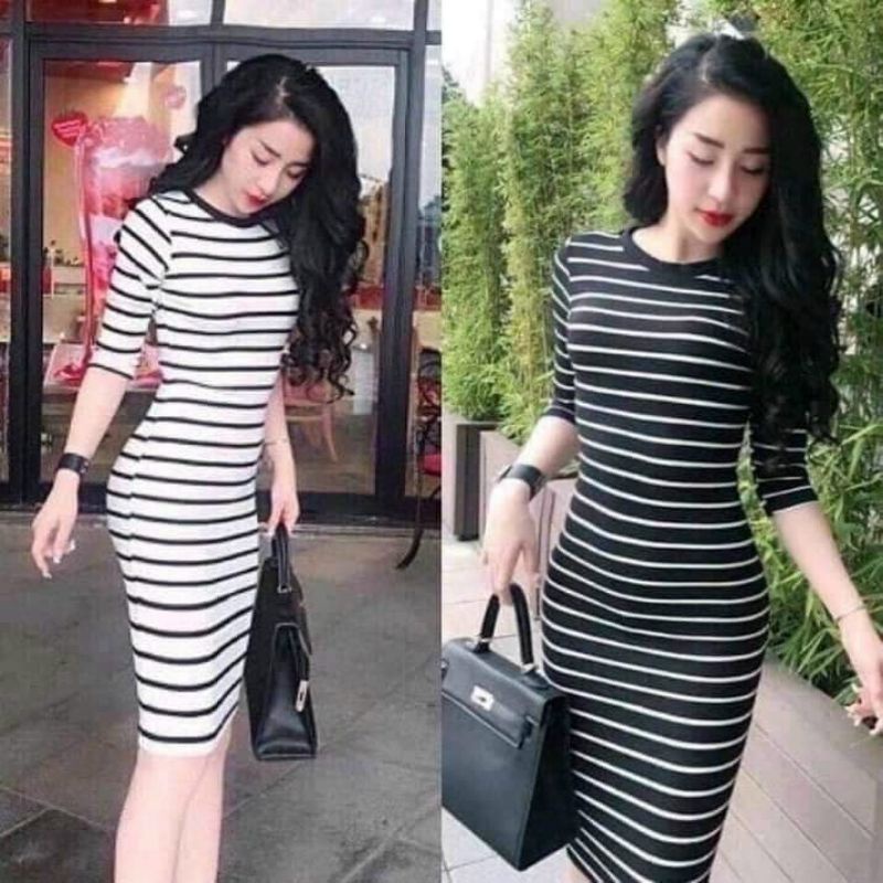 Đầm Thun Ôm Body Họa Tiết Kẻ Sọc Ngang - Dáng Dài Tay Dài Cổ Tròn