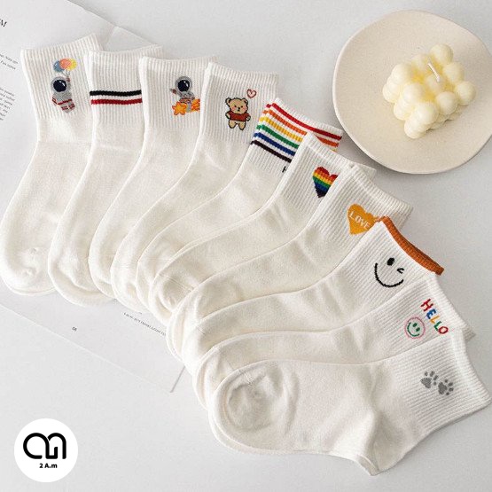 Tất Vớ Cổ Cao Nữ Tông Trắng Dễ Thương Họa Tiết Phi Hành Gia Chất Liệu Cotton Đẹp Thời Trang