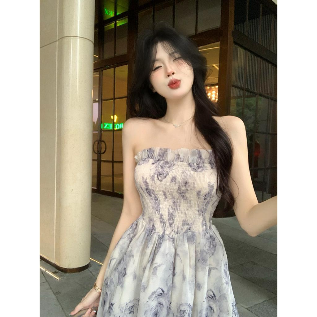 Đầm Dài Dáng Chữ A Hở Vai In Họa Tiết Hoa Hồng Nhẹ Nhàng Thanh Lịch