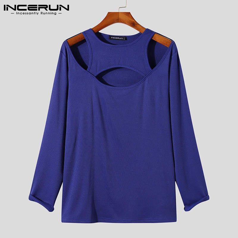 Áo thun nam INCERUN ôm dáng màu trơn tay dài cắt xẻ táo bạo