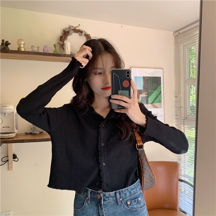 NUZIRO  Áo cardigan croptop  tay dài cổ tròn dệt kim phong cách Hàn Quốc đáng yêu dành cho nữ