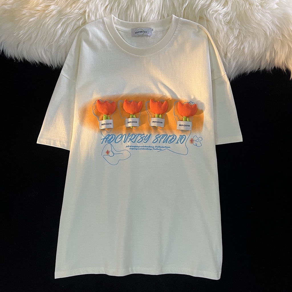 Áo Thun Cotton Tay Ngắn Họa Tiết Hoa Ba Chiều Cho Nam Nữ