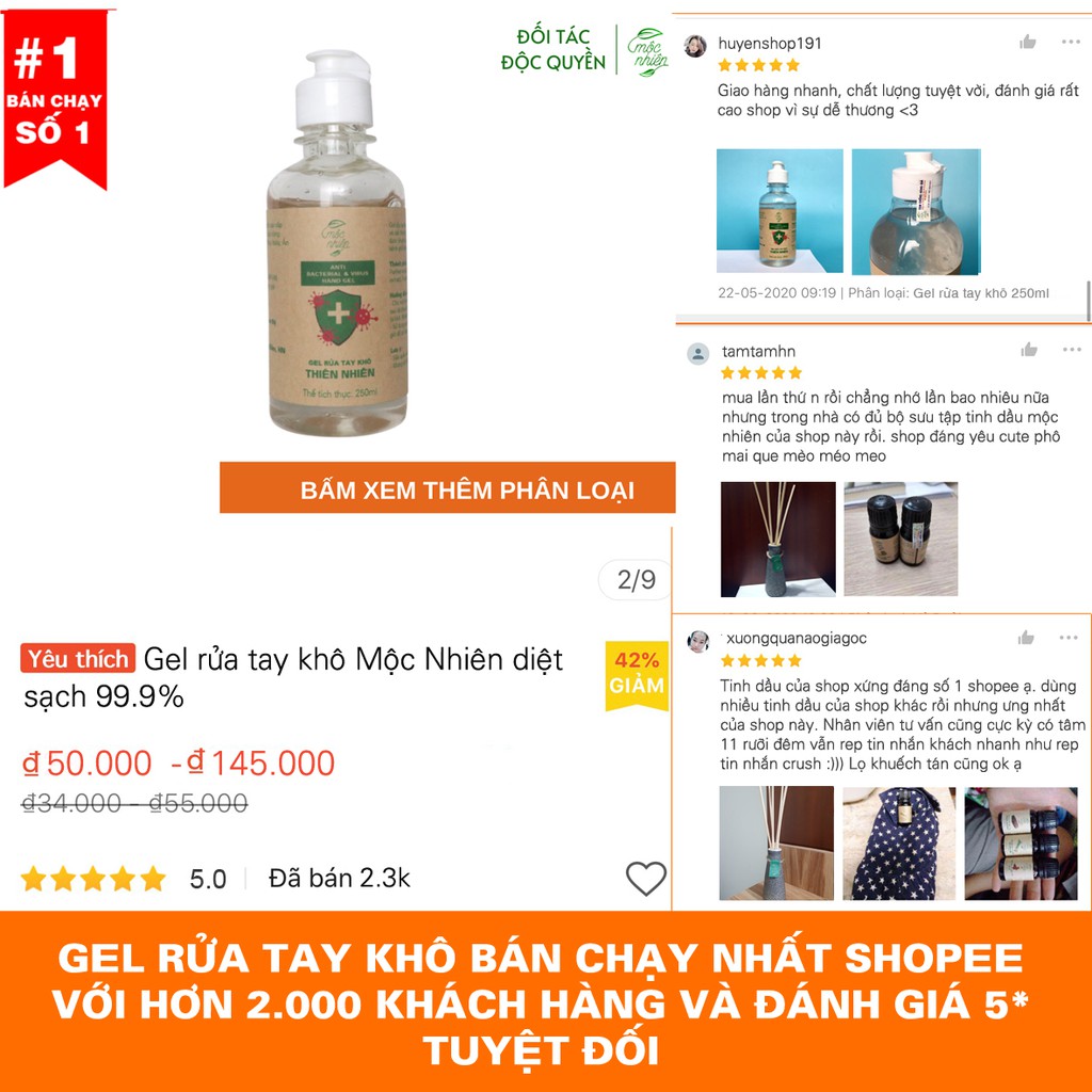 Gel rửa tay khô Mộc Nhiên diệt sạch 99,9%