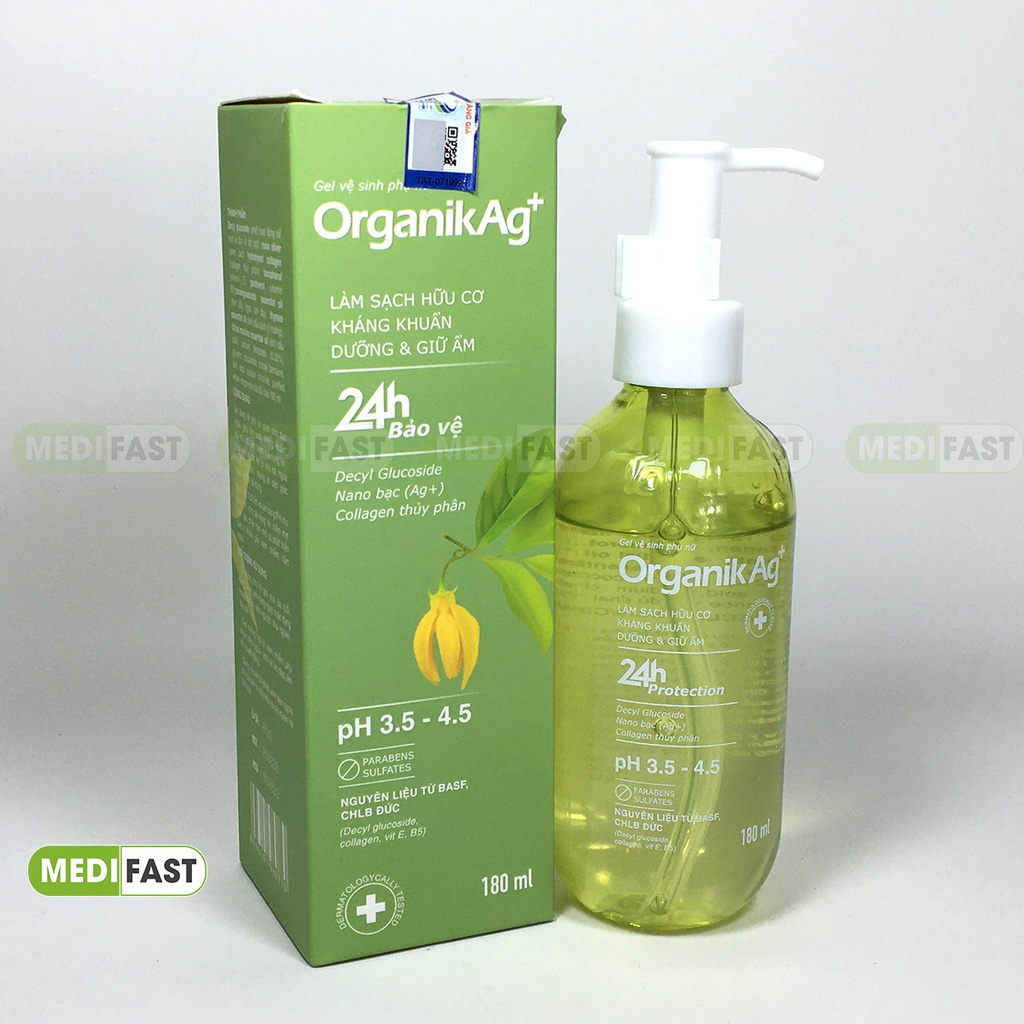 Dung dịch vệ sinh Organik Ag+ - Gel vệ sinh phụ nữ giúp làm sạch, kháng khuẩn và dưỡng ẩm - Chai 180ml