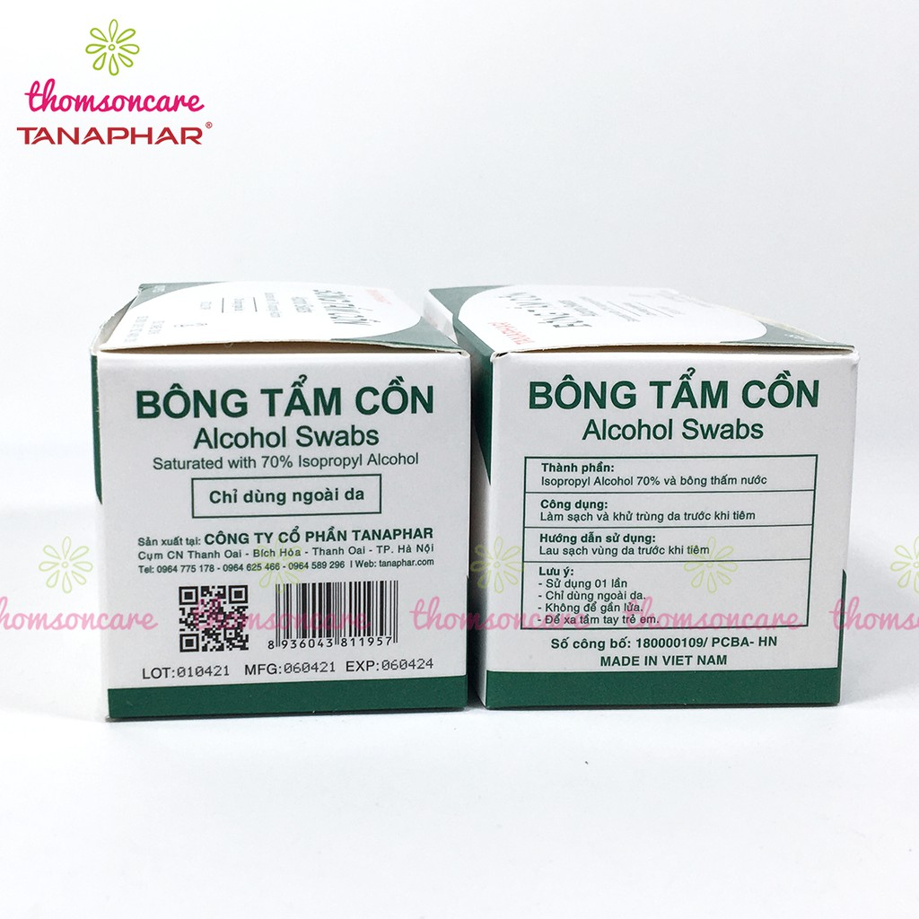 Bông tẩm cồn sát trùng TANAPHAR - Bông cồn khô khử khuẩn, sát khuẩn tay nhanh hộp 100 gói tiện lợi