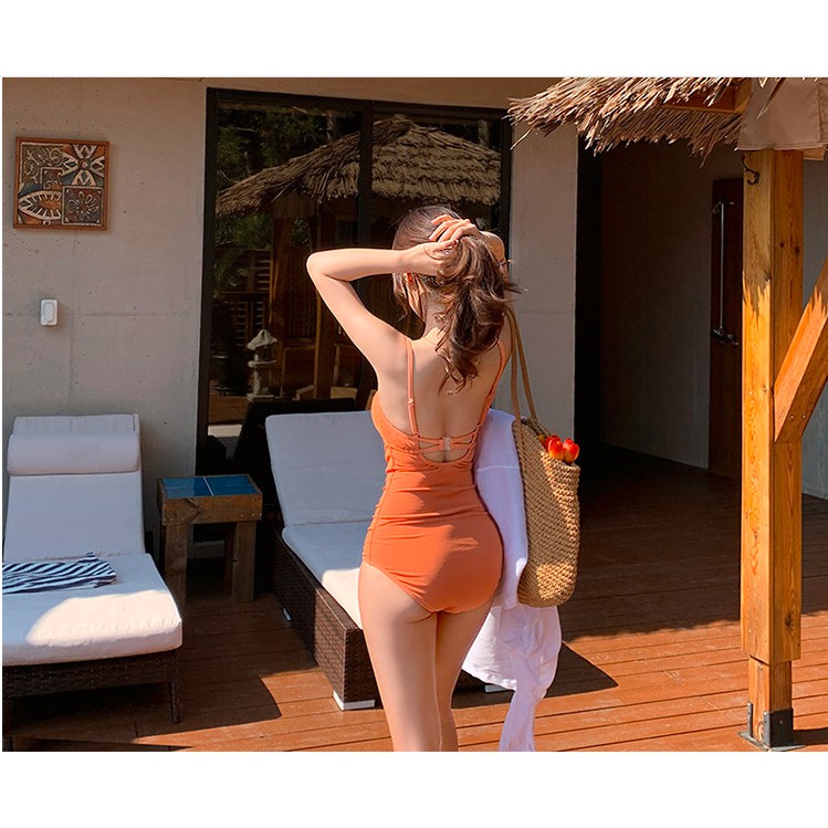Bộ đồ bơi bikini 1 mảnh liền thân che bụng mỏng màu cam mặc đi biển, đi bơi M04