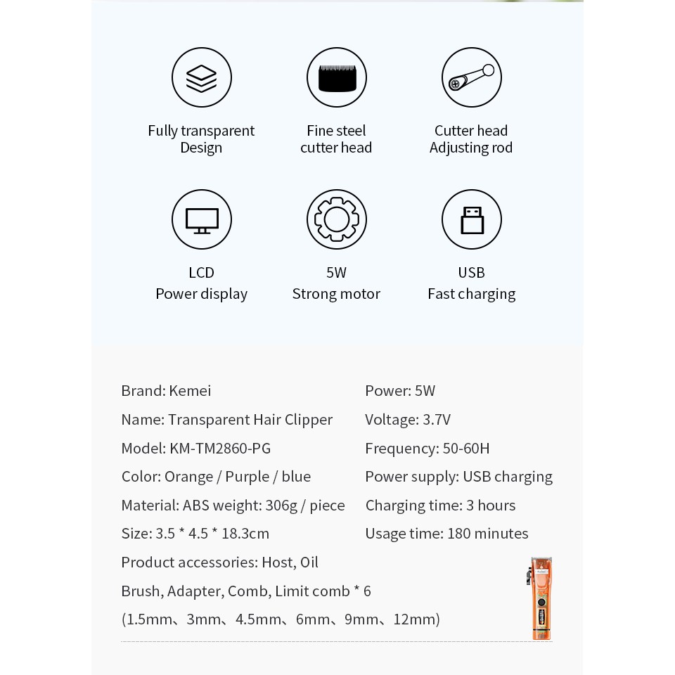 Tông đơ điện Kemei 2860+PG hiển thị LCD có thể điều chỉnh năng lượng dành cho thợ chuyên nghiệp