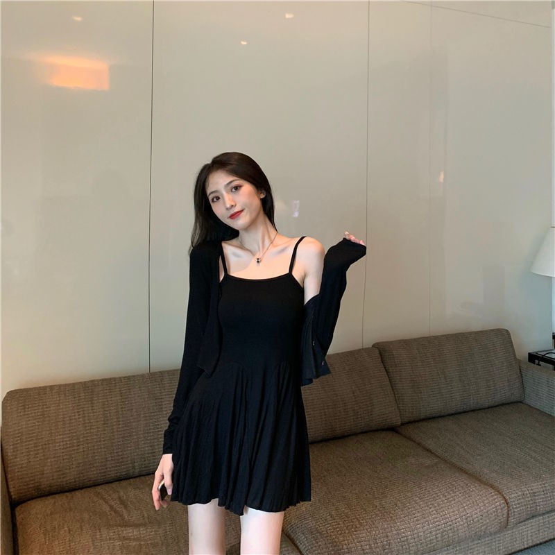 Set áo khoác + đầm ngắn hai dây phong cách Hàn Quốc gợi cảm thời trang hè cho nữ
