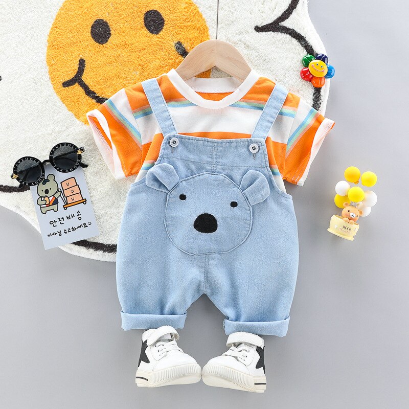 Set Đồ Mùa Hè 2 Món Gồm Áo Thun Sọc + Áo Liền Quần Denim Hoạt Hình Thời Trang Cho Bé Trai /