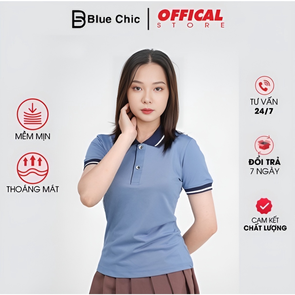 Áo Polo Nữ Màu Xanh Ghi Đá BLUECHIC Cổ Bẻ Vải Poly Cá Sấu Co Giãn Dáng Công Sở Trẻ Trung NF020