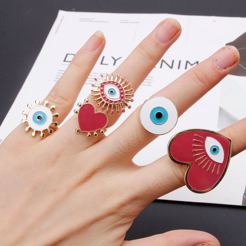 Bộ 5 nhẫn tráng men mặt hình trái tim con mắt dạng mở kiểu cường điệu trang sức thời trang cho nữ