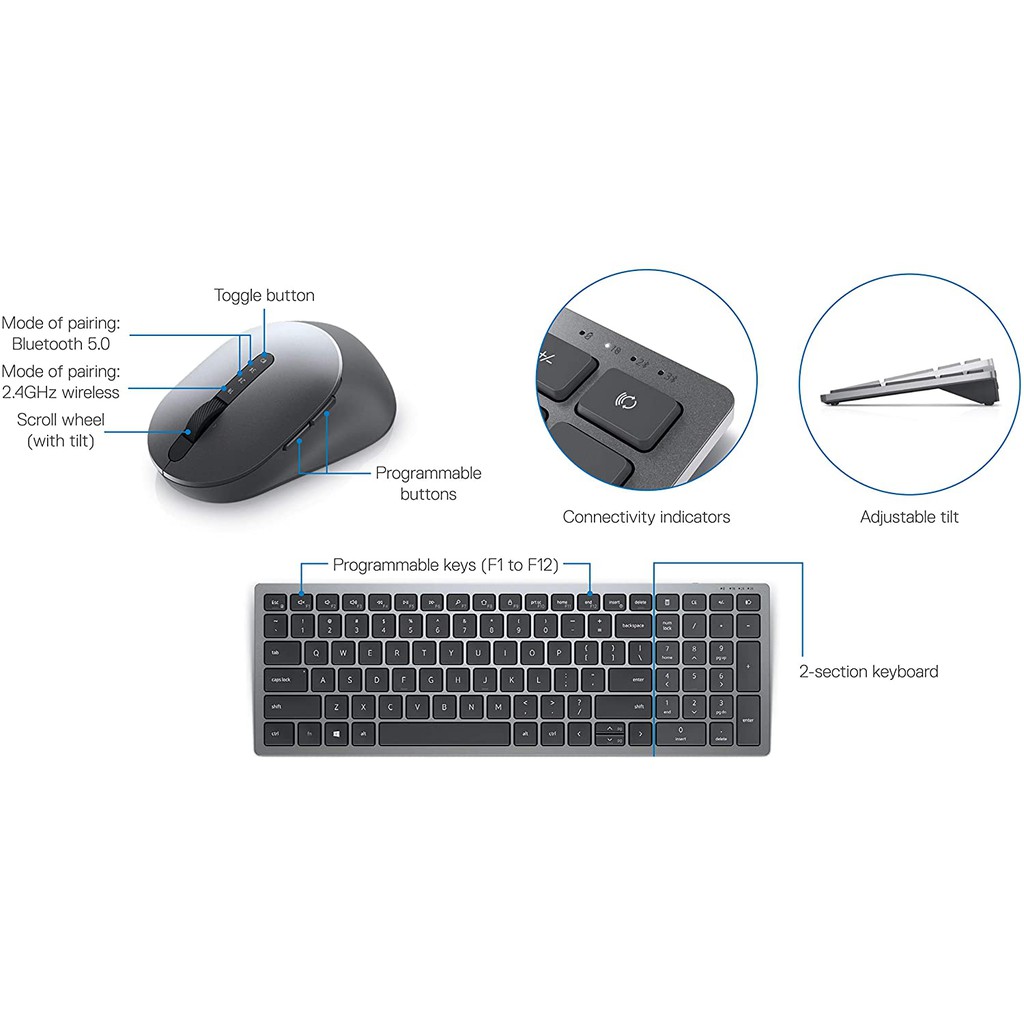 Dell KM7120W Multi Device Keyboard Mouse Combo - Bộ bàn phím & Chuột không dây kết nối 3 thiết bị: 2 Bluetooth và 1 USB