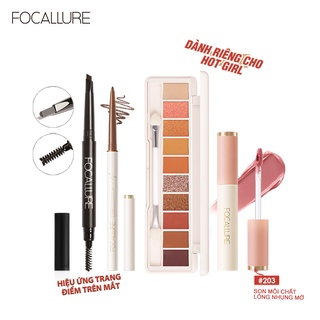 Set 4 mỹ phẩm trang điểm FOCALLURE son môi lì bút kẻ lông mày bút kẻ mắt bảng phấn mắt tiện lợi