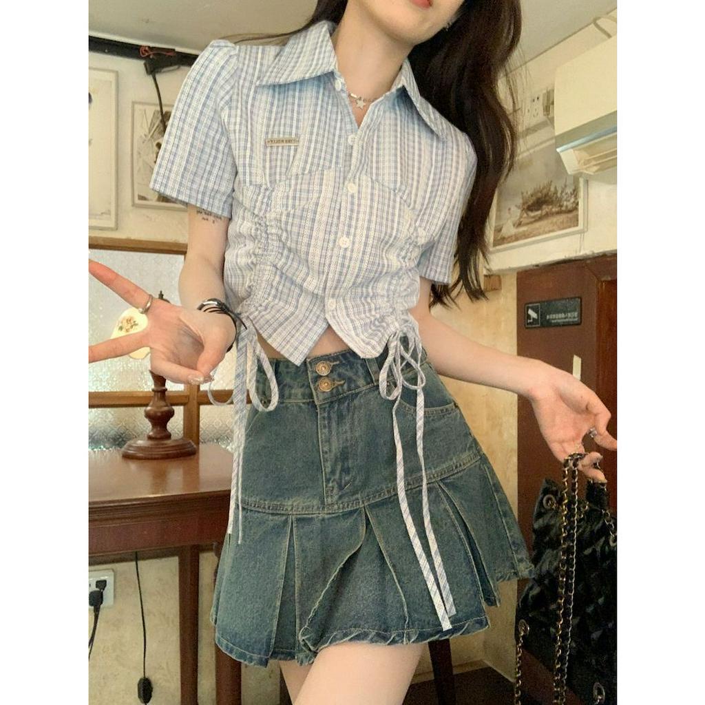 QADCOL Áo Sơ Mi polo Tay Ngắn Kẻ Sọc Xanh Dương Cao Cấp Thời Trang Mùa Hè Dành Cho Nữ