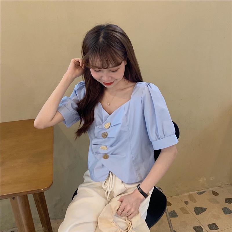 Áo Sơ Mi Nữ Cổ Chữ V Tay Phồng Ngắn Dáng Rộng Phong Cách Hàn Quốc