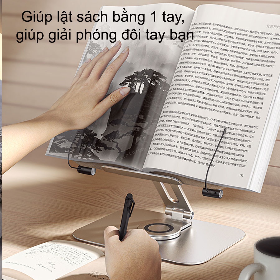 Giá đỡ điện thoại và máy tính bảng, giá kẹp sách xoay 360 độ chịu lực cực tốt, Kẹp điện thoại chất liệu hợp kim nhôm gỗ