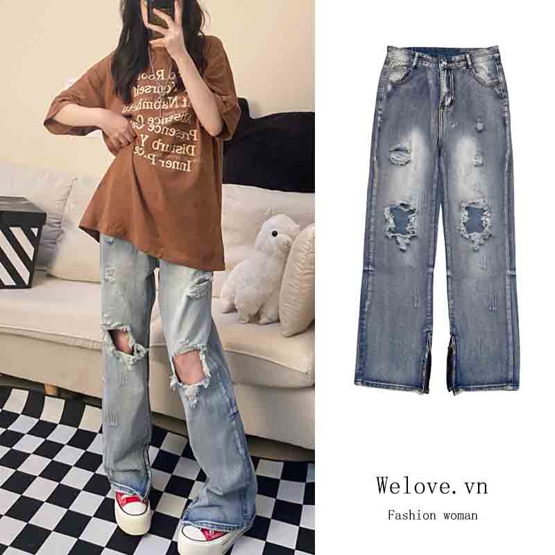 Quần jeans Nữ Dài Lưng Cao Mài Rách Thời Trang Hàn