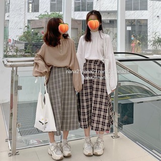 Chân váy kẻ chữ A dáng dài