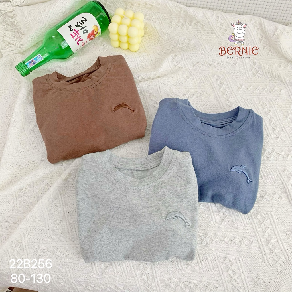 Bộ cotton unisex dài tay cho bé, bộ thun tay dài trơn thêu hoạ tiết cá màu Bernie