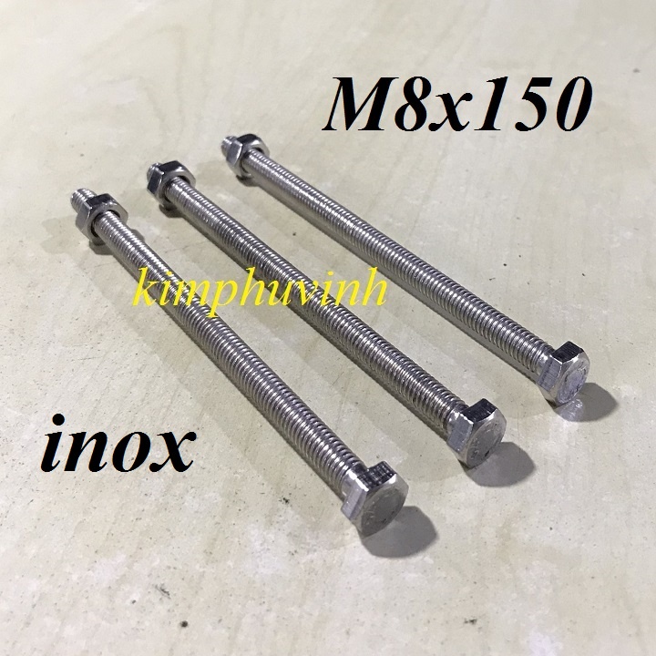 5 BỘ - M8x150mm BULONG INOX - BULON  INOX 8li - ỐC INOX 8li