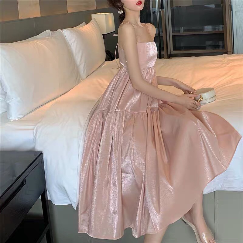 Đầm dự tiệc tơ ánh kim 3 tầng  sang trọng có đen và hồng nude DG 4259